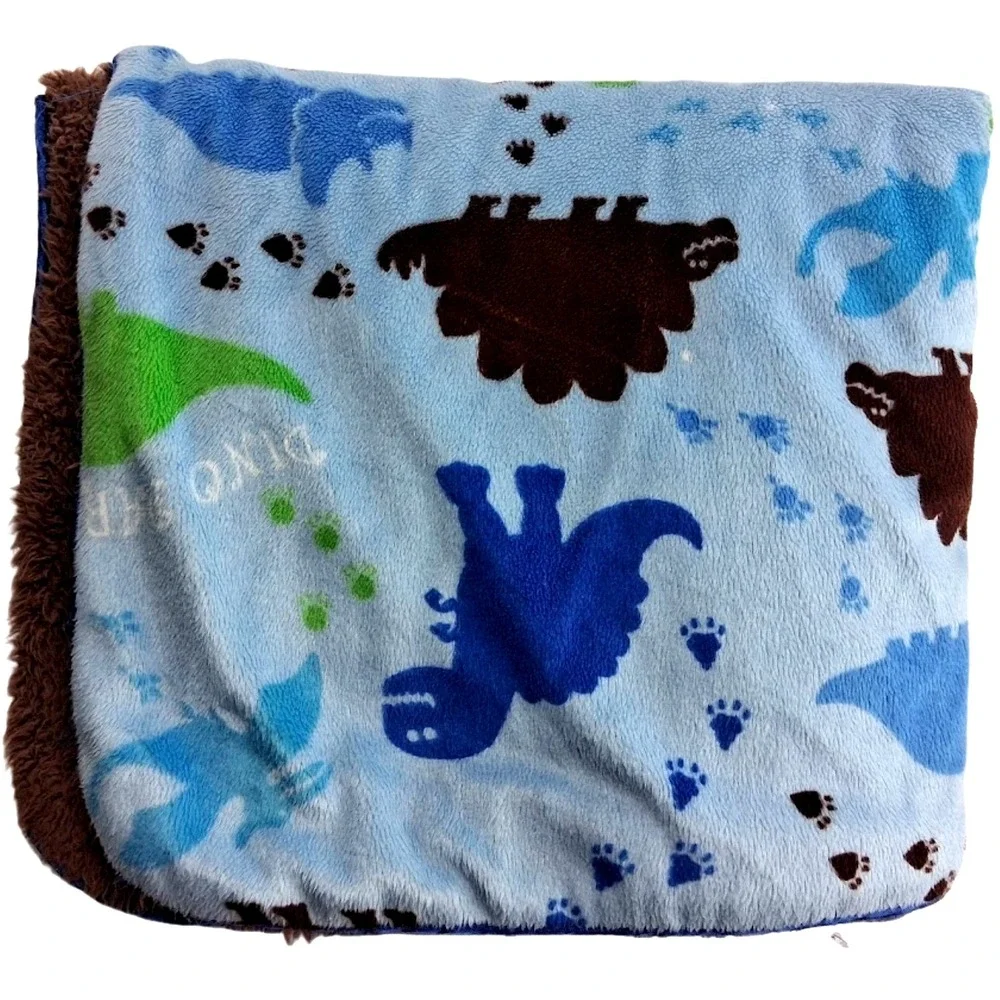 SL Home Fashions RN 119741 Blue Dino Party Dinosaur Baby Blanket‎ Brown Sherpa
